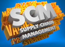 SCM - Supply Chain Management. The Words in White Color on Cloud of Yellow Words on Blue Background.