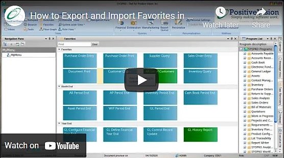 Export Import Favorites in SYSPRO VIDEO IMAGE
